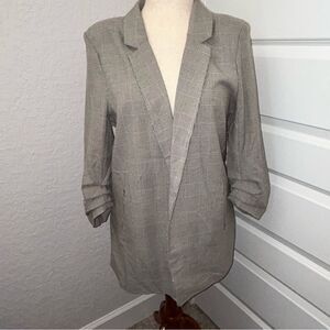 New, Rachel Zoe Houndstooth Open Front Long 3/4 Length Ruched Sleeve Blazer